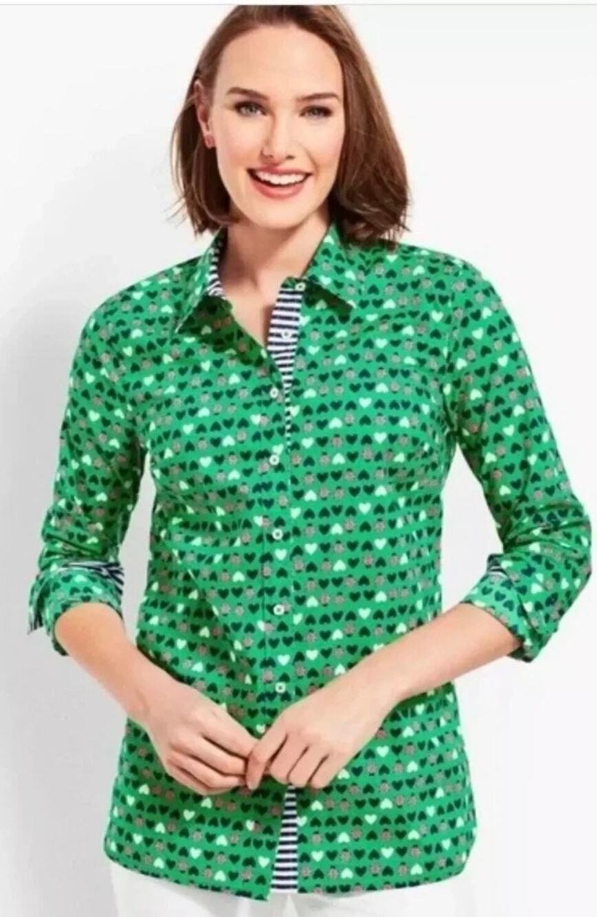 Talbots Classic Ladybug- Hearts Green Pink Button Up Long Sleeve Shirt Small